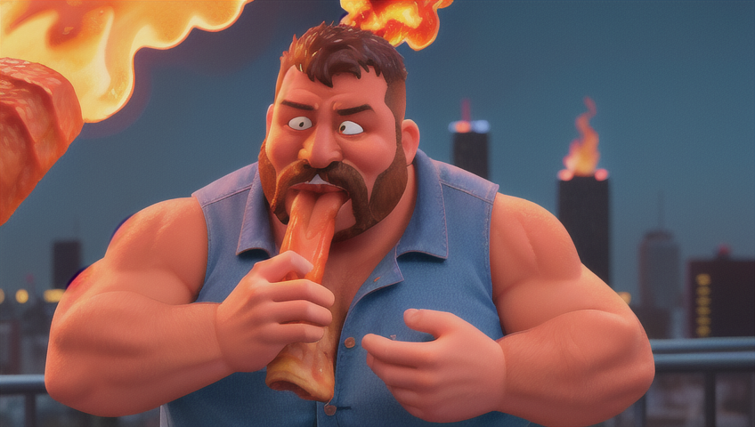 Jack mid-bite, his eyes watering and cheeks flushed as flames seemingly erupt from his mouth with each chew.