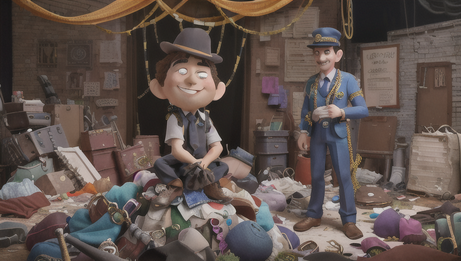 The Arrest: Buddy sitting atop a pile of discarded costumes and props in the center of a cluttered backstage area, Buster standing over him with handcuffs at the ready.
