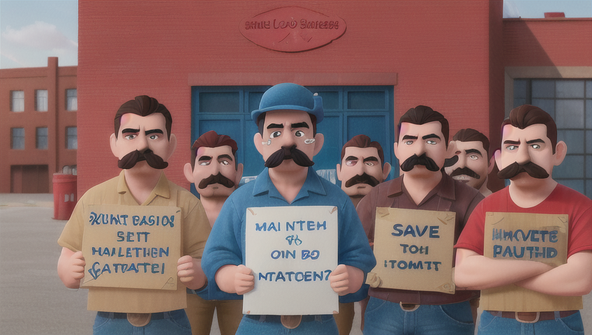 A large group of Heinz workers standing united, still wearing their impressive mustaches defiantly despite the new policy.